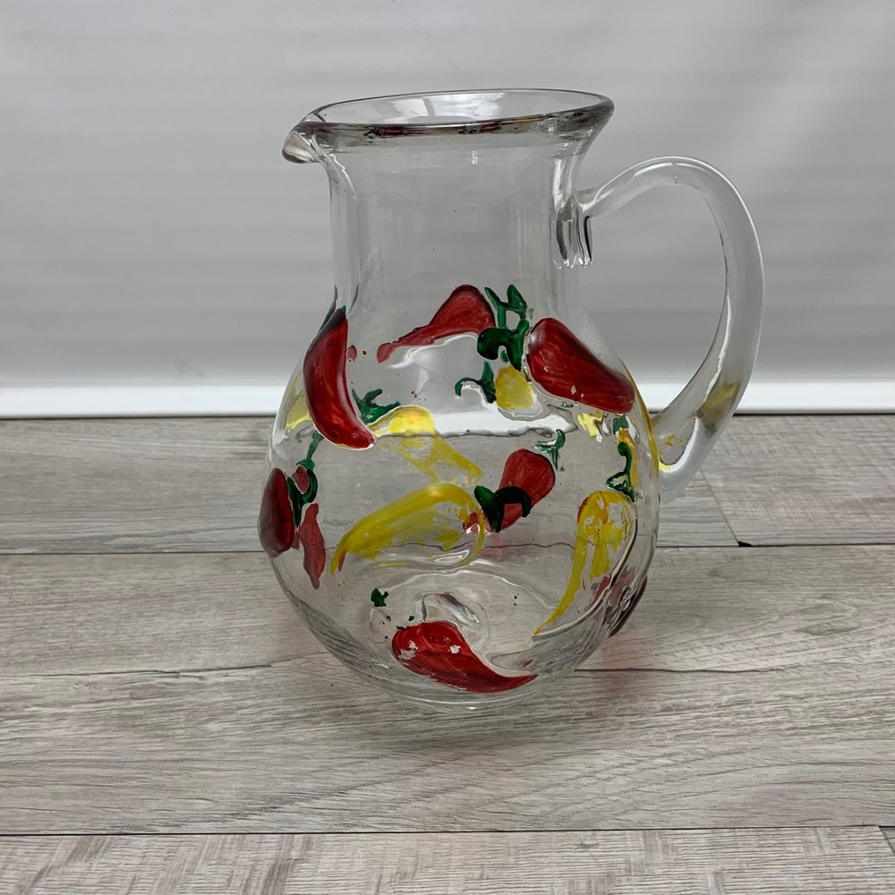 Vintage Hand Painted Chili Pepper Glass Pitcher Red Yellow Southwestern Decor